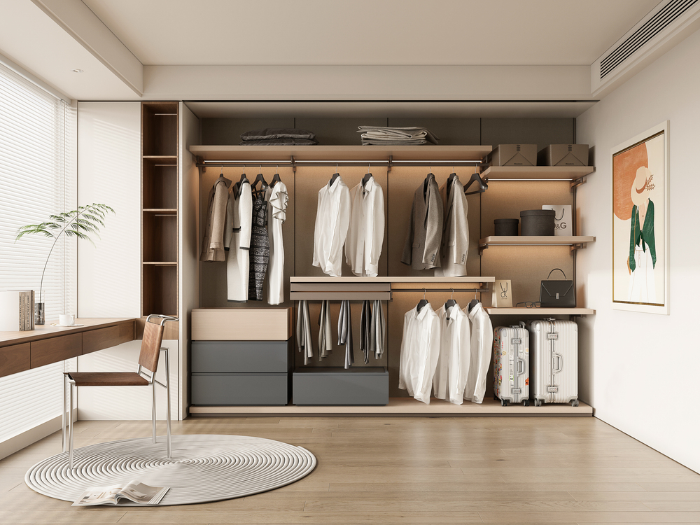 沒有固定框架, 釋放收納空間, 可自由調整的衣櫥.